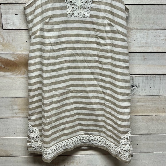 Eliza J Dress Womens 10‎ Beige White Linen Cotton Sleeveless Stripe Sundress - Picture 5 of 12